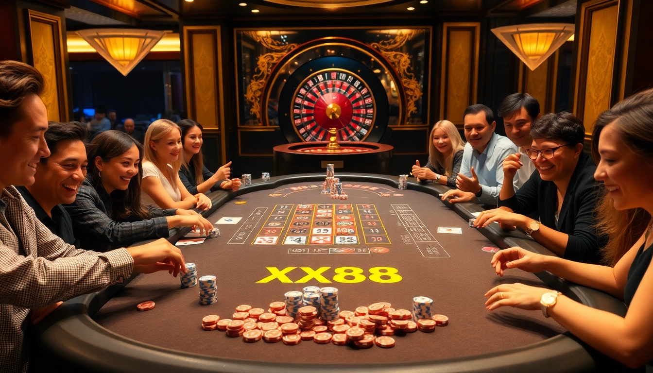 Placing bets at the XX88 casino table, featuring colorful chips and excited players.