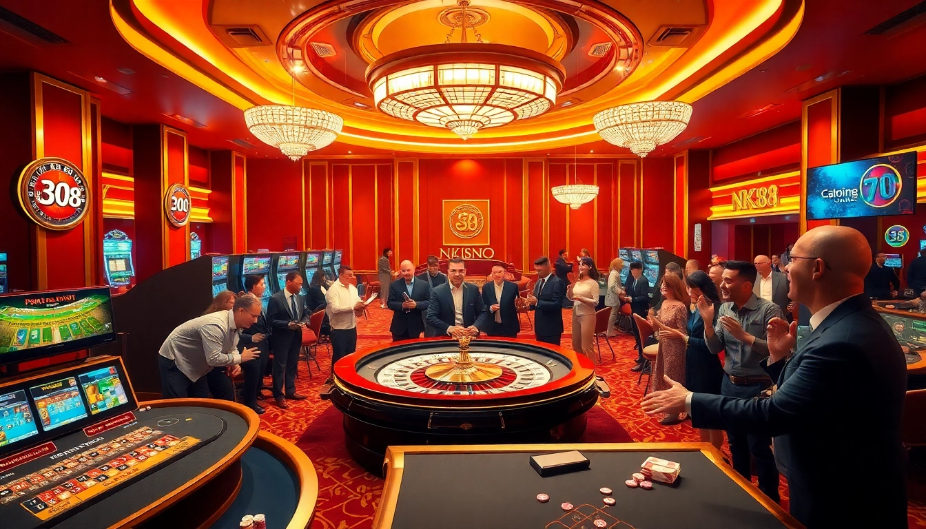 Exciting gaming scene at nk88 casino with roulette, blackjack tables, and vibrant slot machines.