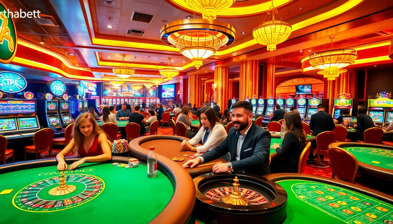 Experience the excitement of gaming at https://thabett.io/, featuring lively poker players and vibrant slot machines.