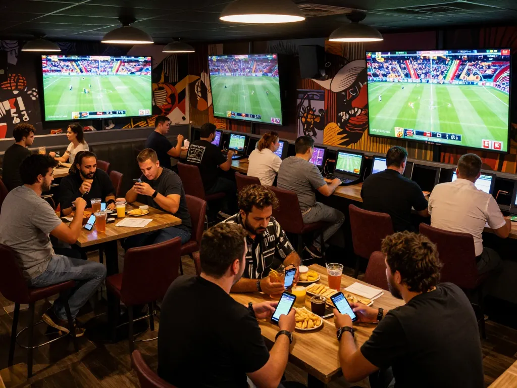 FC88 enthusiasts placing bets in a lively sports betting lounge atmosphere.
