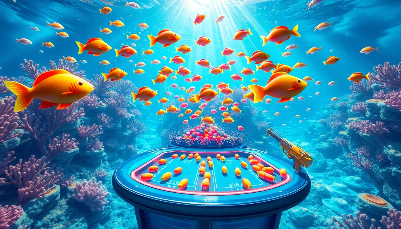 Bắn cá đổi thưởng scene with players at a colorful underwater gaming table, thrilling fish swimming, and vibrant treasure.