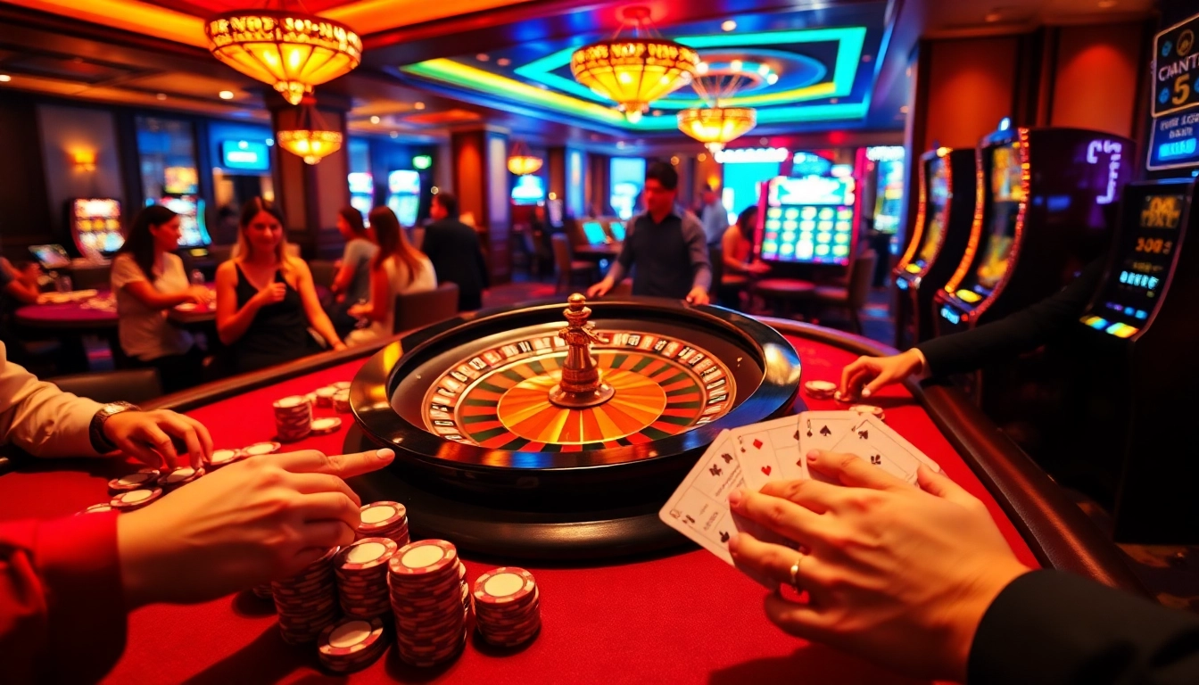 Players enjoying high-stakes excitement at https://f168.tools/ with poker chips and a roulette wheel.