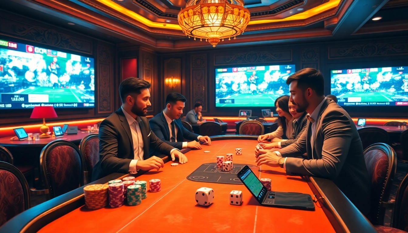 Engaging gamblers placing bets on ĐÁ GÀ 88 matches in a luxurious casino environment.