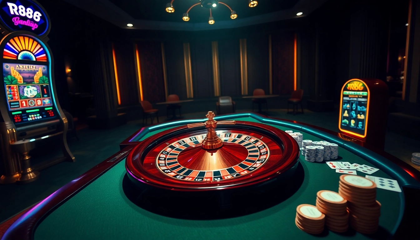 Experience the excitement of RR88 with a vibrant casino scene featuring roulette, poker, and slots.