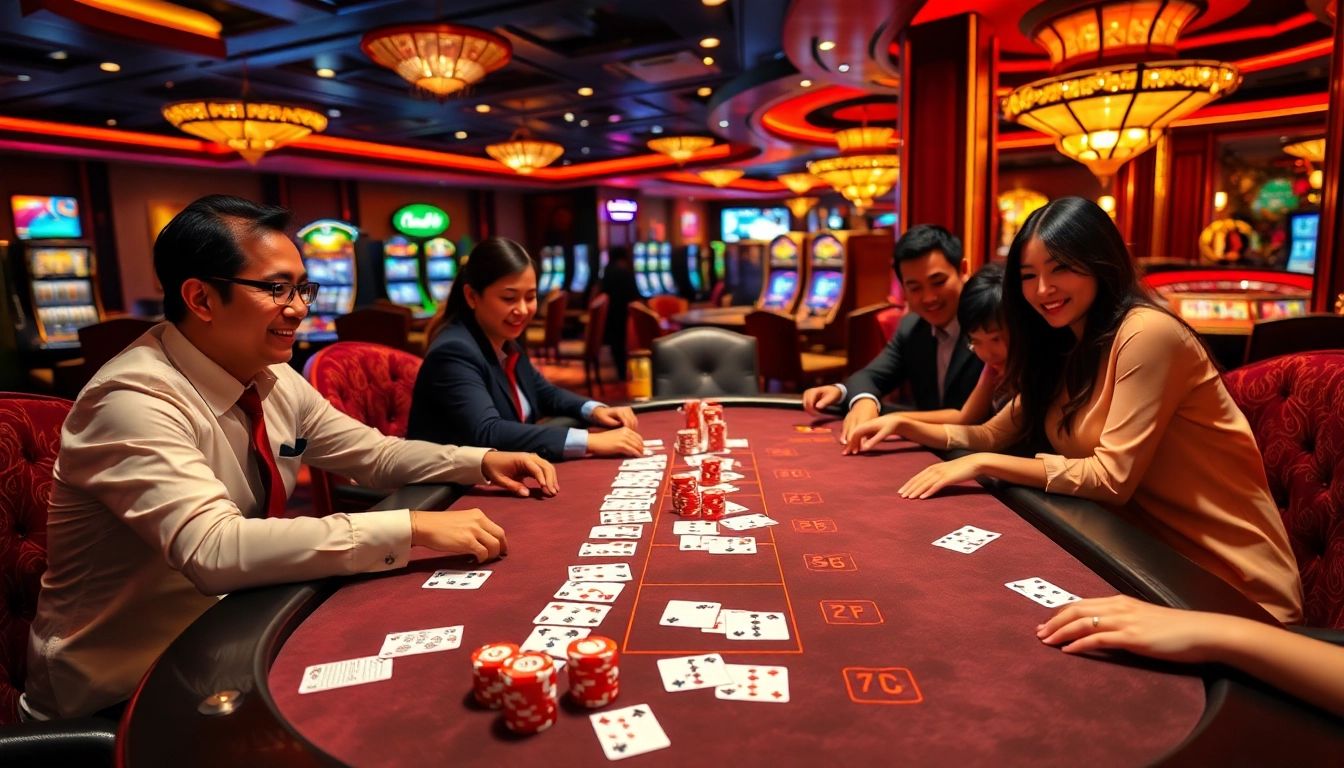 Engaged players enjoying Game bài 69VN at a vibrant casino table with colorful chips and cards.