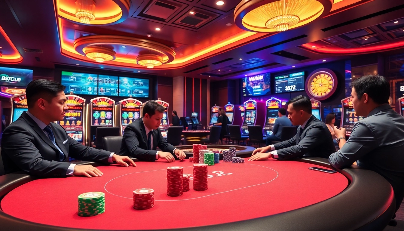B52CLUB players intensely strategizing during a luxurious poker game with vibrant casino elements.