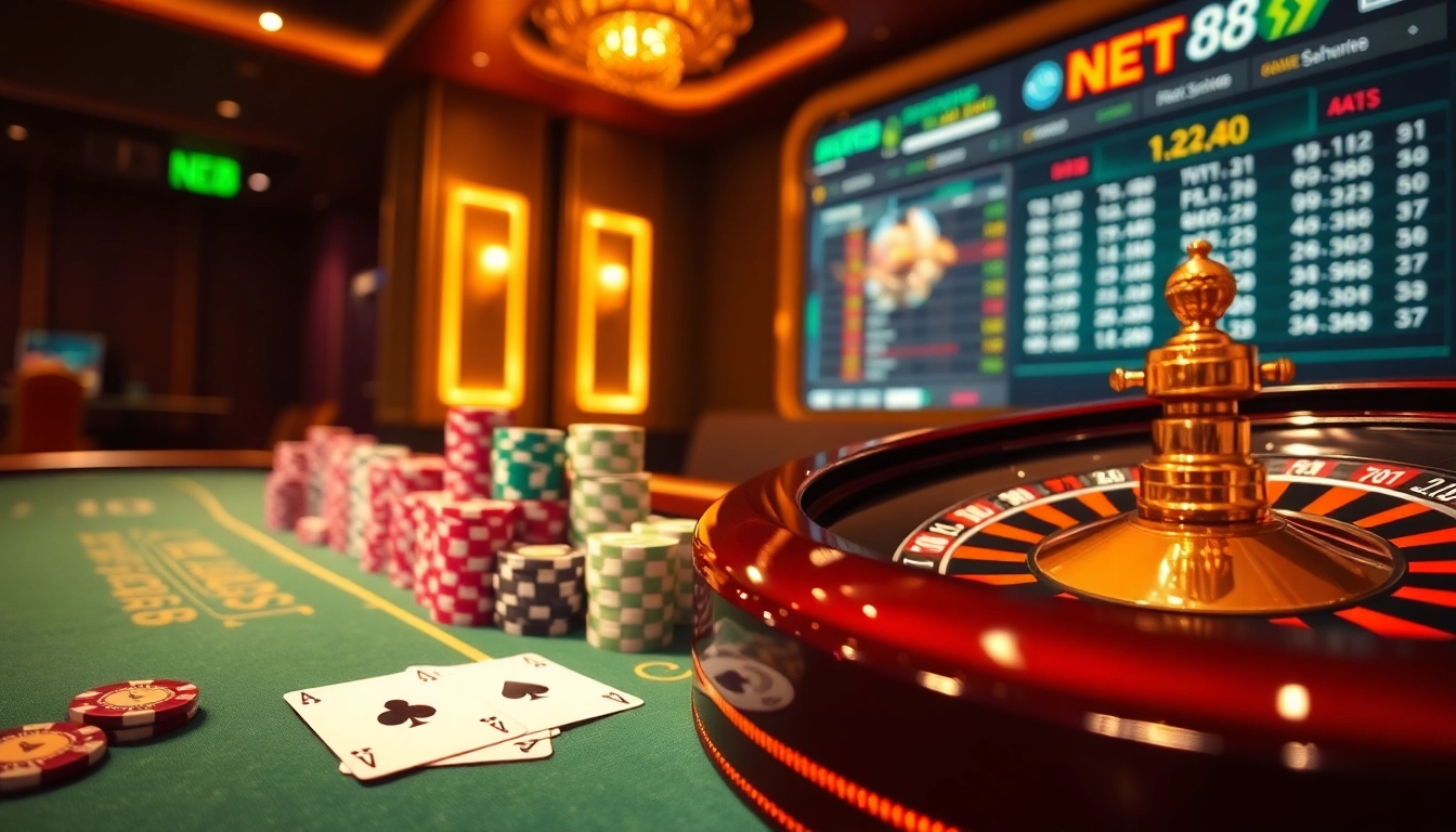 NET88 gaming table showcasing chips and cards in an upscale casino environment.