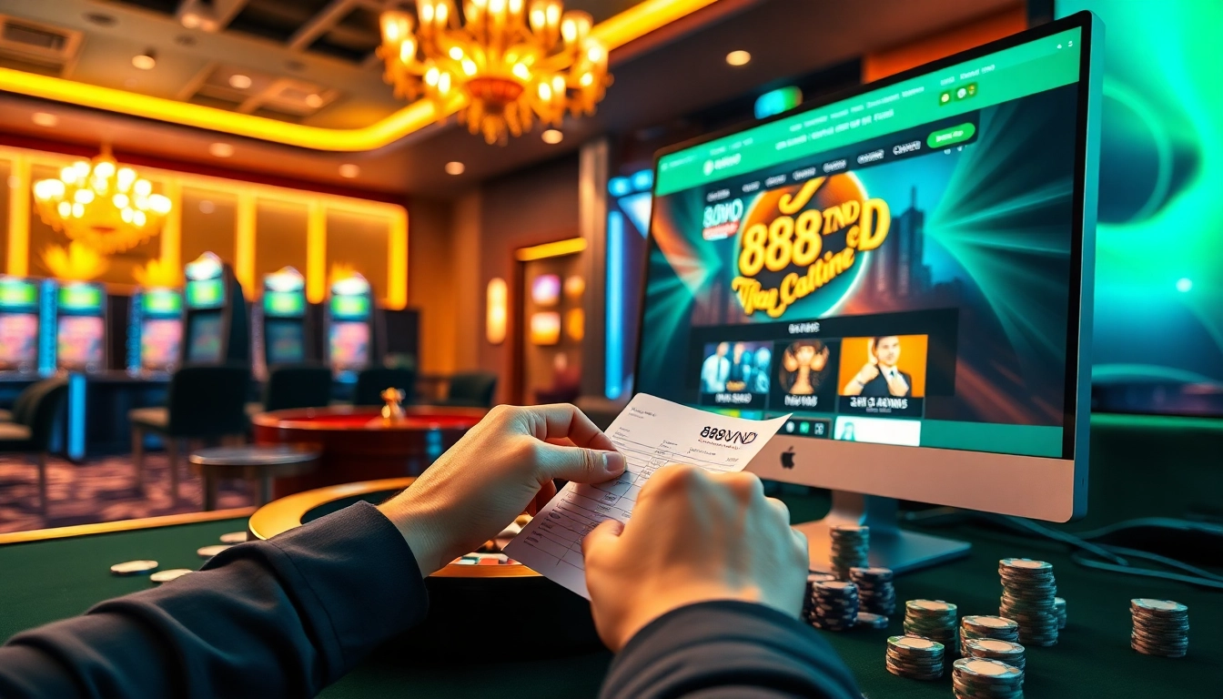 Experience the excitement of online gaming at Trang chủ 888VND with poker chips and a roulette wheel.
