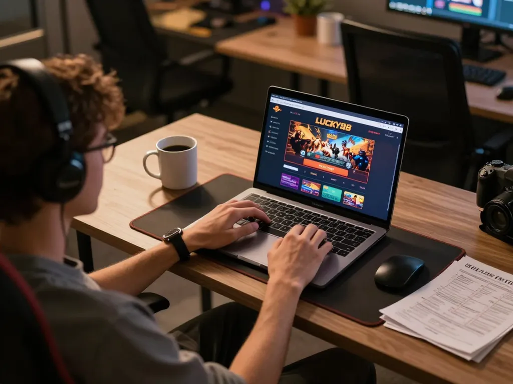 Engaging online gaming at LUCKY88 with a player focused on their laptop
