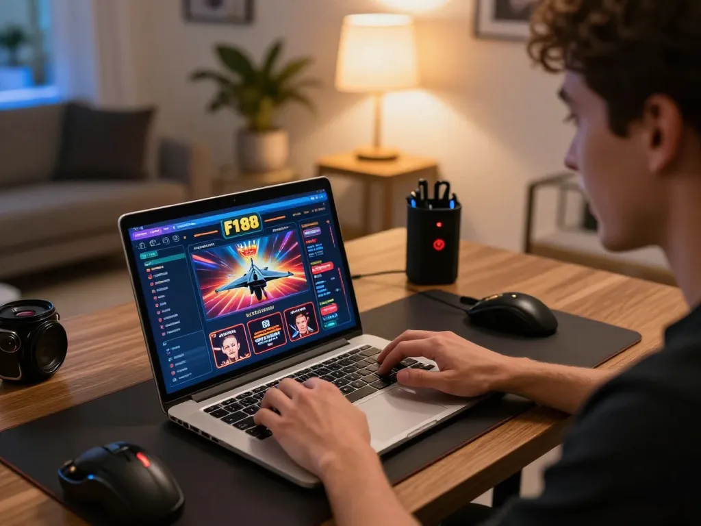F168 player enjoying online casino gameplay on a laptop, showcasing excitement in a modern home setup.