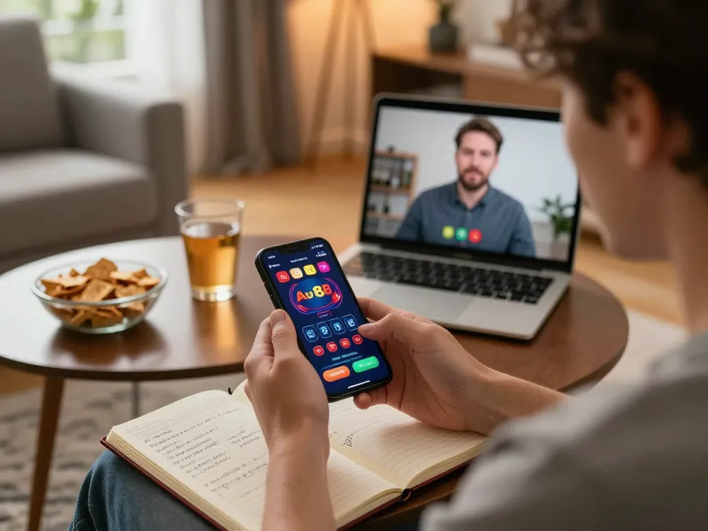 Player using Au 88 casino app on smartphone in a cozy home environment, showcasing strategic betting.