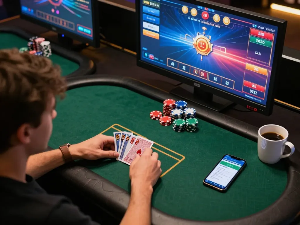 Engaging online poker gameplay at home with vuabet88i, showcasing strategy and excitement.