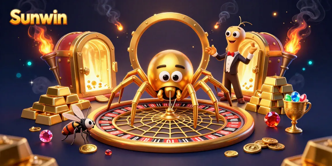 Bet big at Sunwin with thrilling casino gameplay illustrated by a golden spider and dynamic characters.