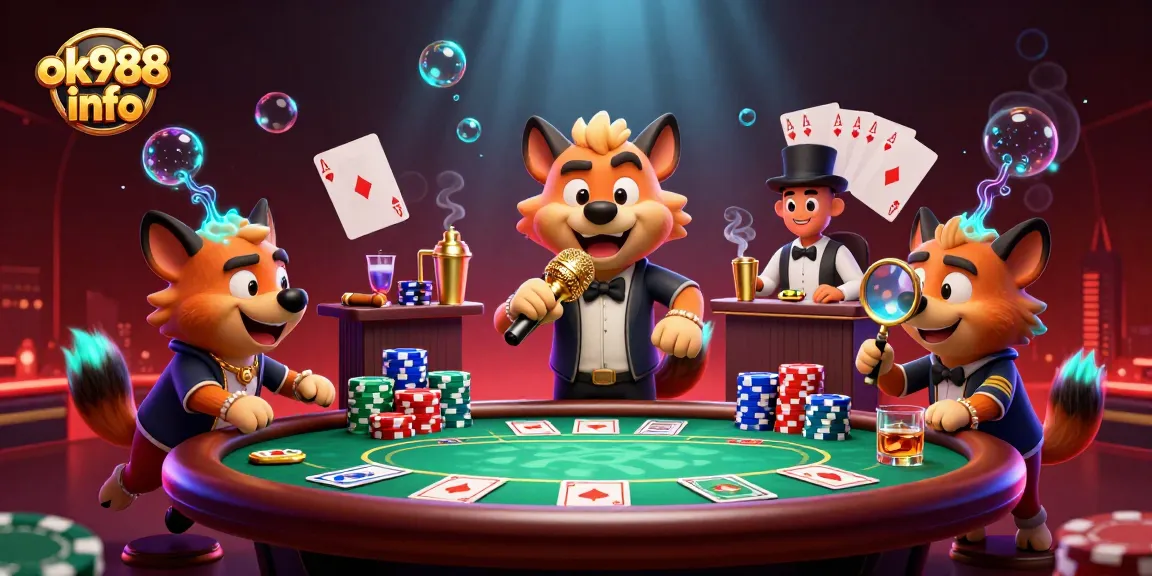 Engage with the lively atmosphere of ok988 info's comedy casino club featuring hyenas as entertainers and vibrant gaming elements.
