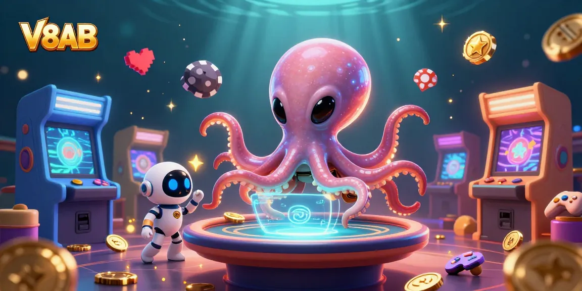 V8AB's alien octopus character engaging players with a holographic poker table, surrounded by dynamic gaming elements.