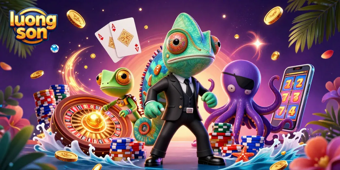Experience thrilling gambling adventures with luong son in this vibrant 3D illustration featuring chameleons and treasures.