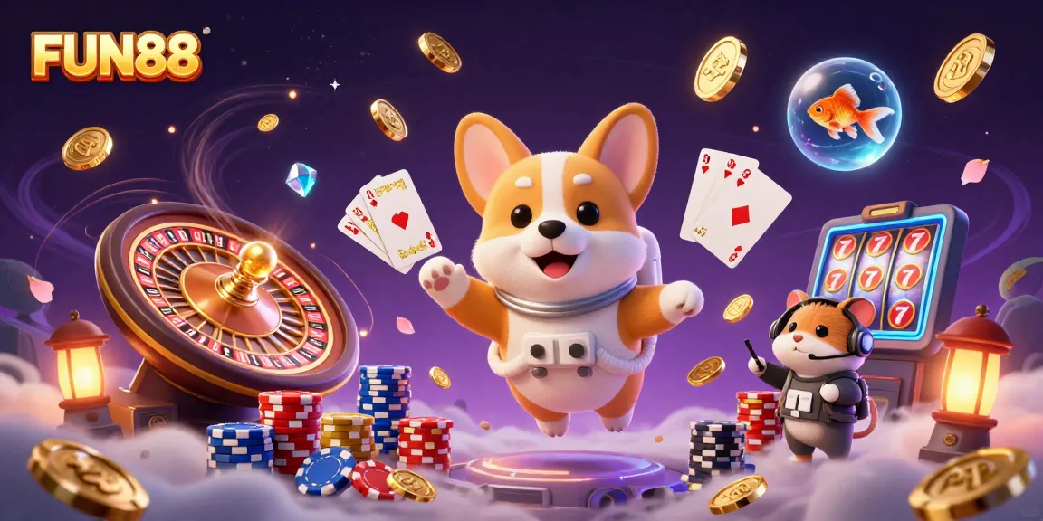 Experience winning strategies with FUN88 in this vibrant casino-themed scene of floating characters.