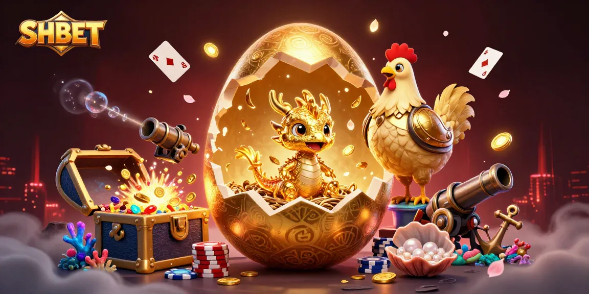 Experience SHBET's rich gaming world with a golden baby dragon, poker chips, and treasure!