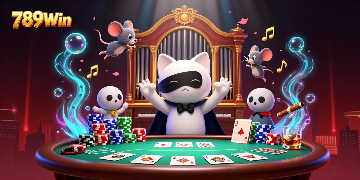 Spin the reels for jackpots with 789Win's vibrant casino scene featuring poker chips and glamorous characters.