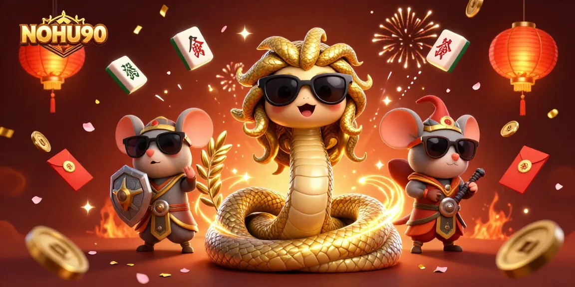 Engage with NOHU90's dynamic gaming experience as Medusa and a warrior celebrate with festive casino elements.