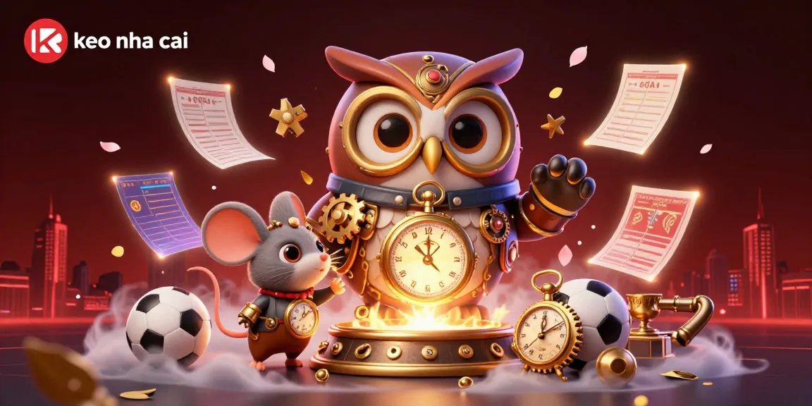 Engaging illustration of keo nha cai sports betting scene with a steampunk owl and clockwork mouse.